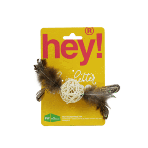 HEY! Bola de Ratán Natural con Plumas y Campana – Juguete para Gatos, 3,8 cm